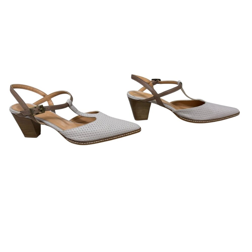 Sundance Taupe/Gray Leather Pointed Toe Stacked Heel T-Strap Shoes Size 39 / 8 - Picture 2 of 8